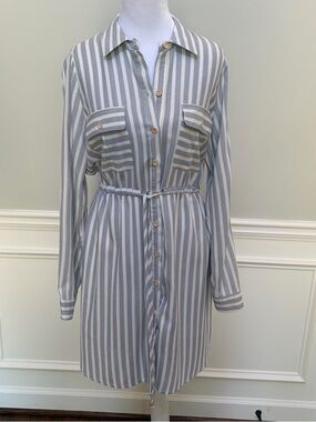 Passport EUC Striped Long-Sleeve Shirt Dress in Light Blue and White Sz M